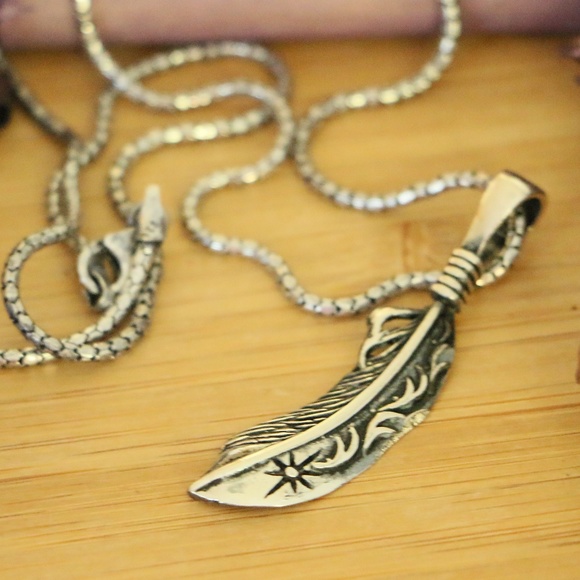 925 Sterling Silver feather men’s necklace - Picture 2 of 7